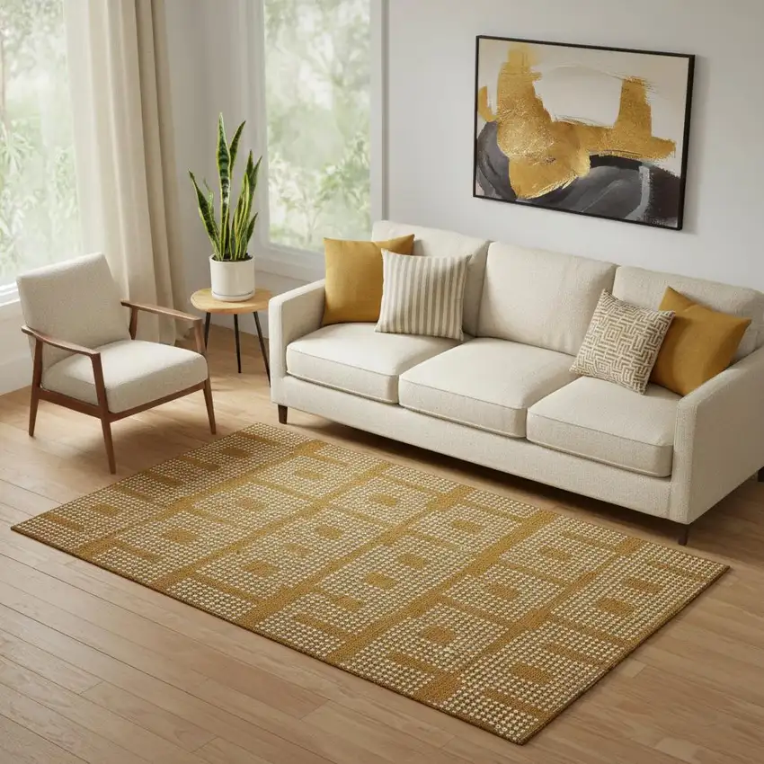 Terra Cotta And Ivory Geometric Washable Area Rug With UV Protection Photo 1