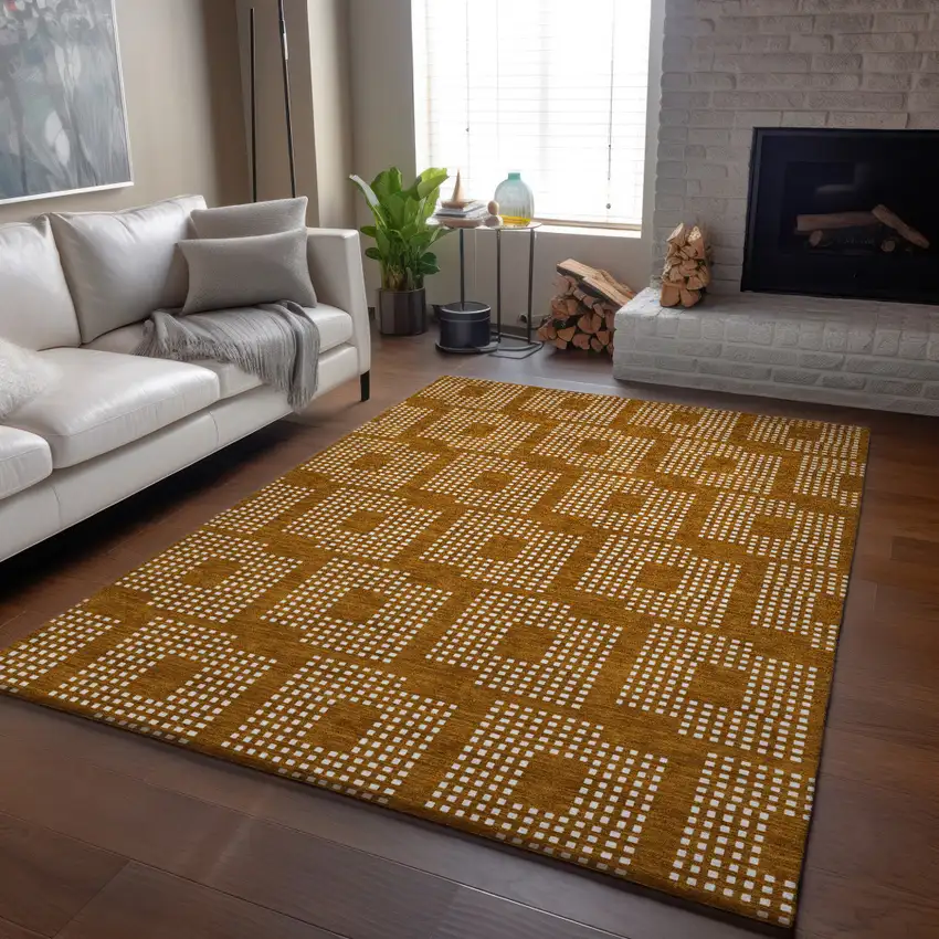 Terra Cotta And Ivory Geometric Washable Area Rug With UV Protection Photo 4