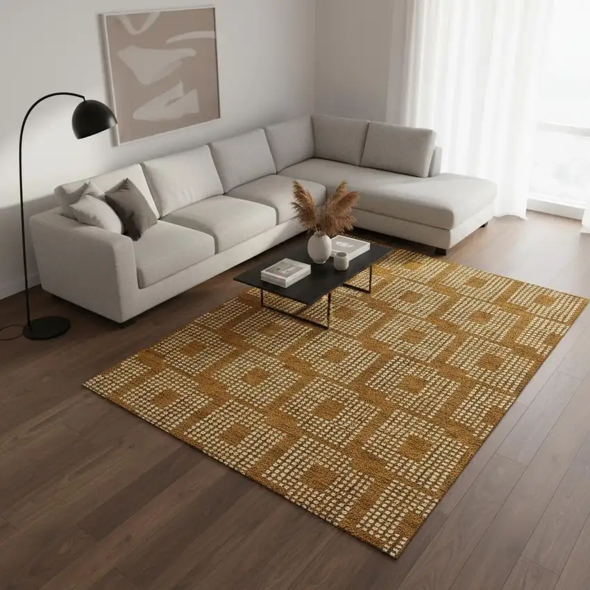 Terra Cotta And Ivory Geometric Washable Area Rug With UV Protection Photo 2
