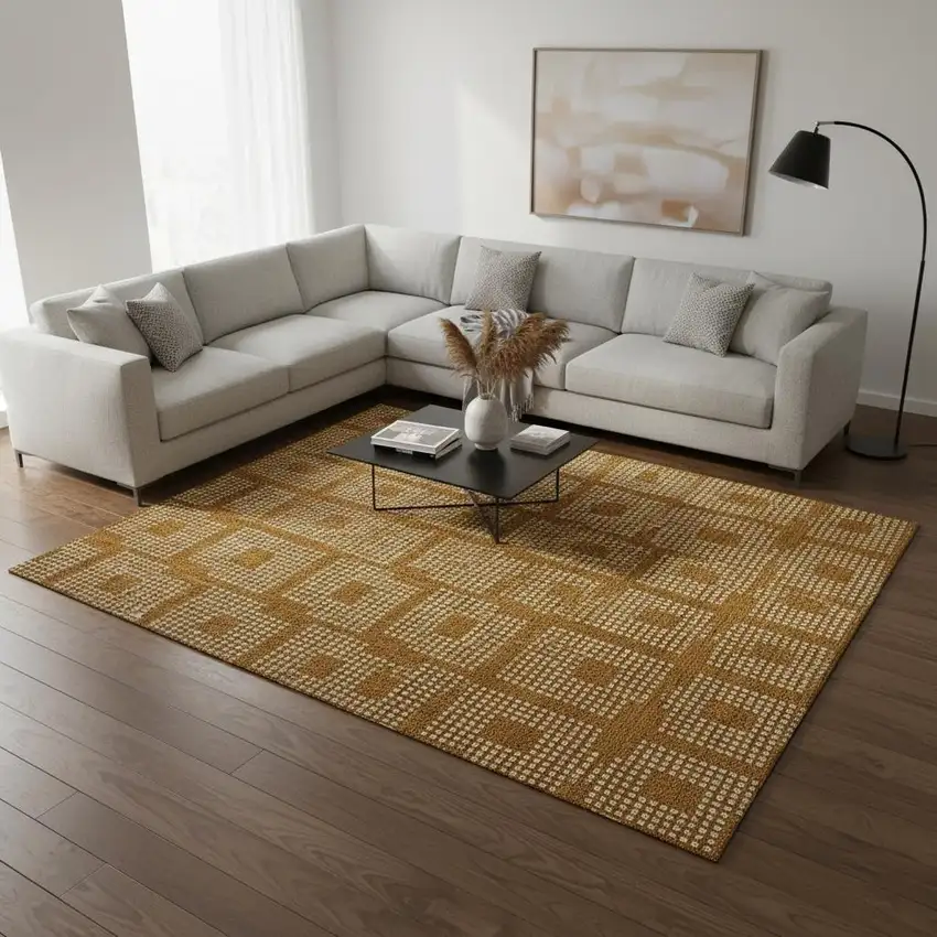 Terra Cotta And Ivory Geometric Washable Area Rug With UV Protection Photo 2