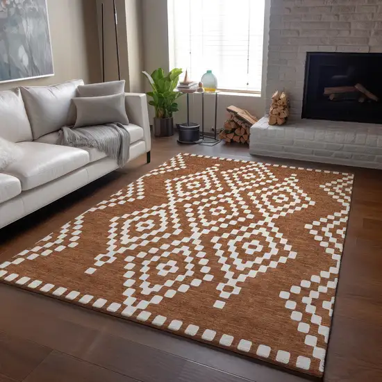 Terra Cotta And Ivory Geometric Washable Area Rug With UV Protection Photo 5