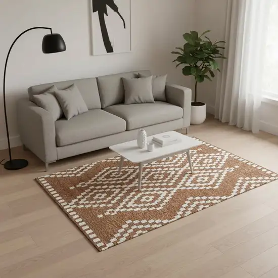 Terra Cotta And Ivory Geometric Washable Area Rug With UV Protection Photo 2