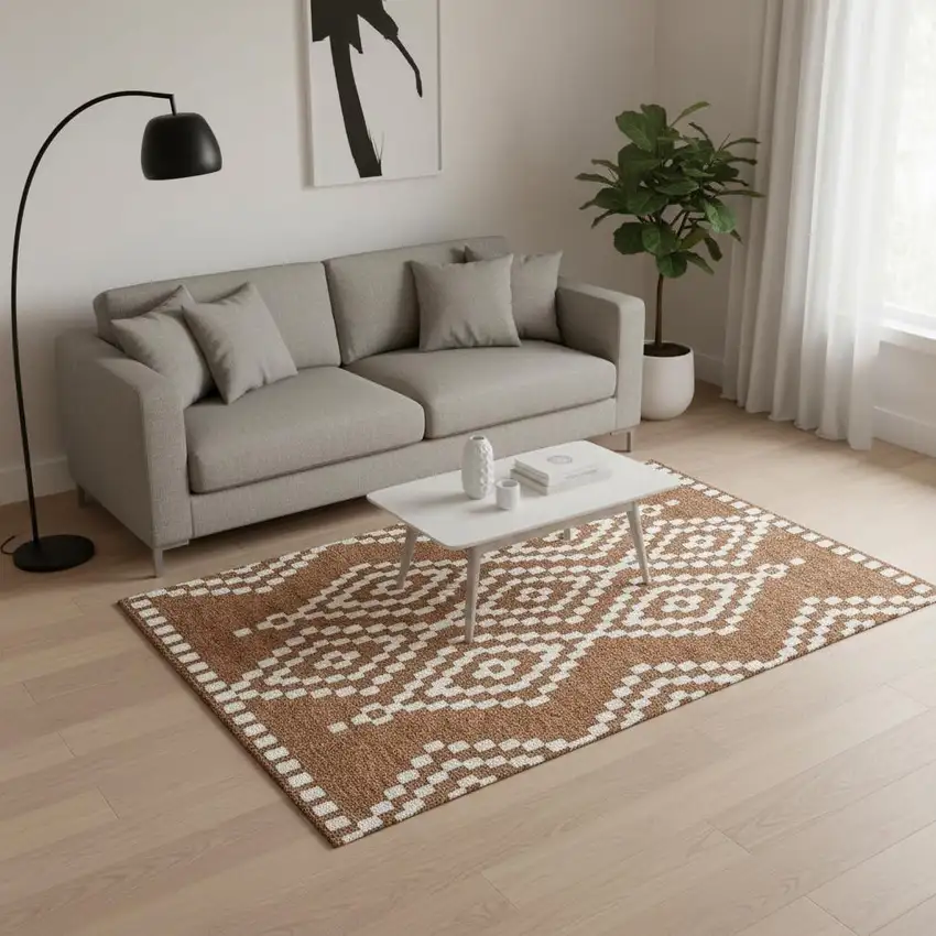 Terra Cotta And Ivory Geometric Washable Area Rug With UV Protection Photo 2