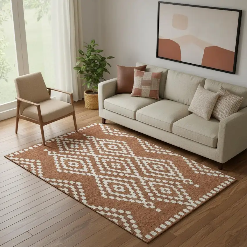 Terra Cotta And Ivory Geometric Washable Area Rug With UV Protection Photo 1