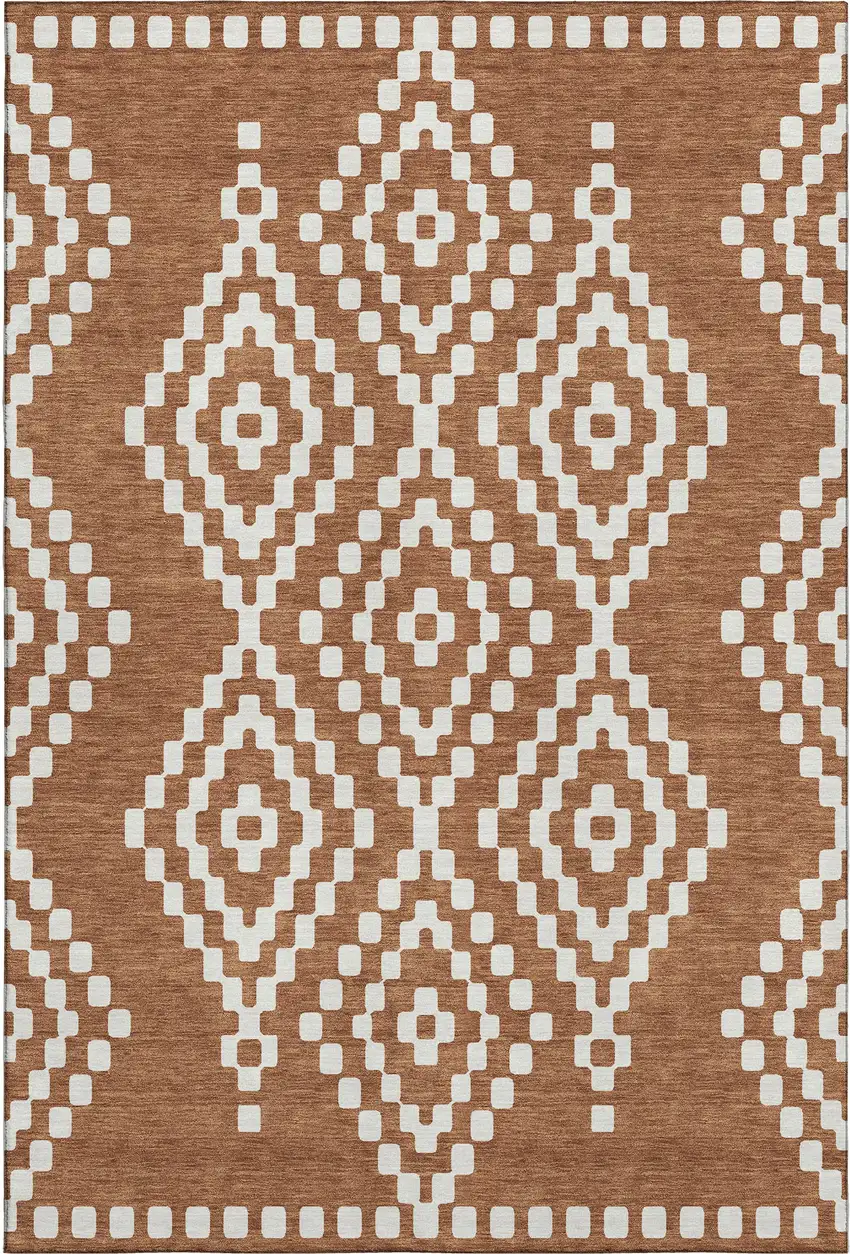 Terra Cotta And Ivory Geometric Washable Area Rug With UV Protection Photo 1