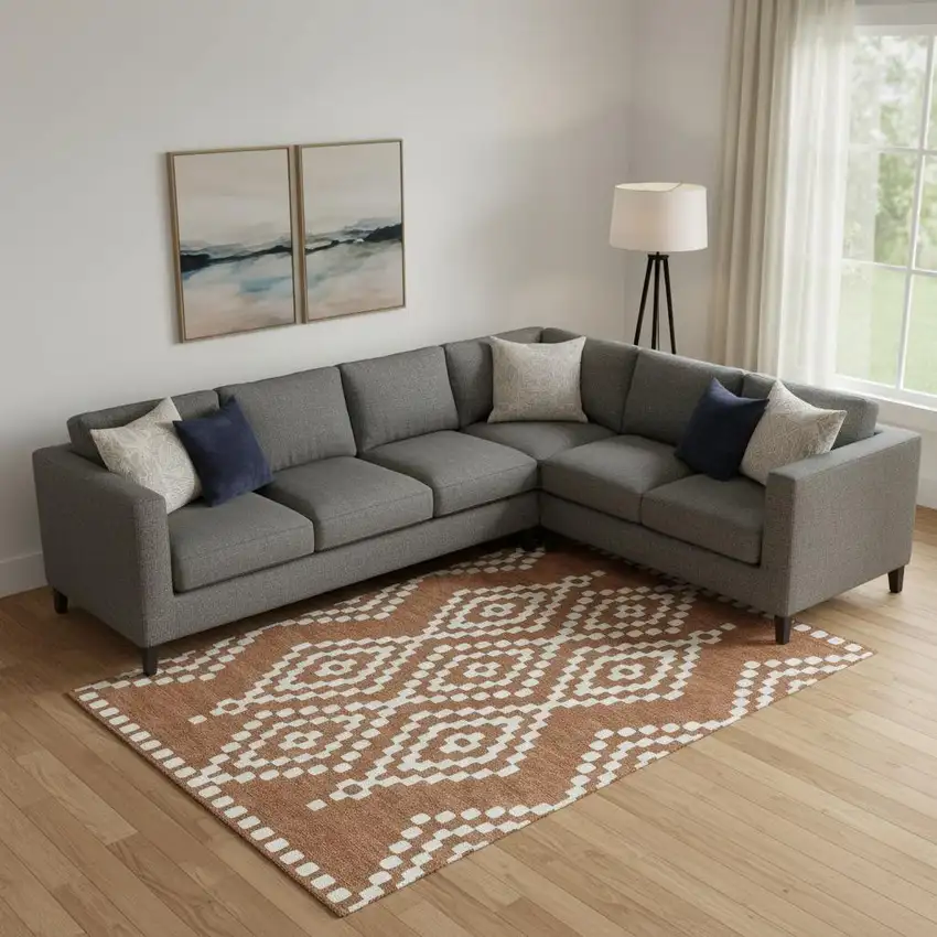 Terra Cotta And Ivory Geometric Washable Area Rug With UV Protection Photo 1