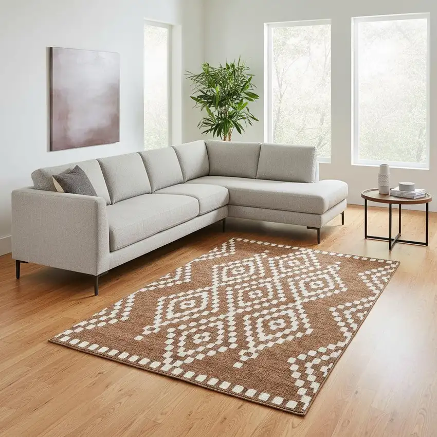 Terra Cotta And Ivory Geometric Washable Area Rug With UV Protection Photo 2