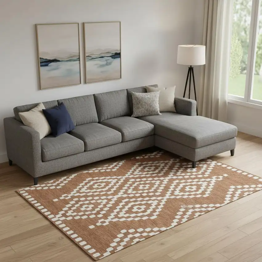 Terra Cotta And Ivory Geometric Washable Area Rug With UV Protection Photo 1