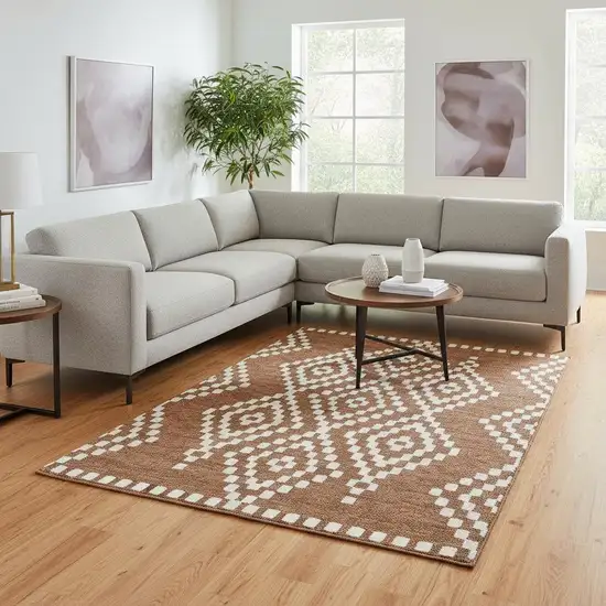 Terra Cotta And Ivory Geometric Washable Area Rug With UV Protection Photo 2