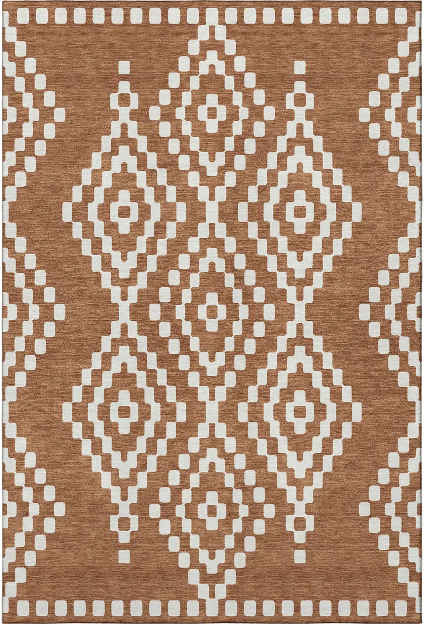 Terra Cotta And Ivory Geometric Washable Area Rug With UV Protection Photo 4