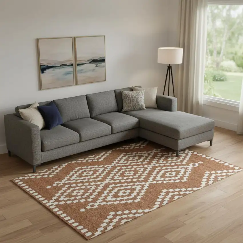 Terra Cotta And Ivory Geometric Washable Area Rug With UV Protection Photo 1