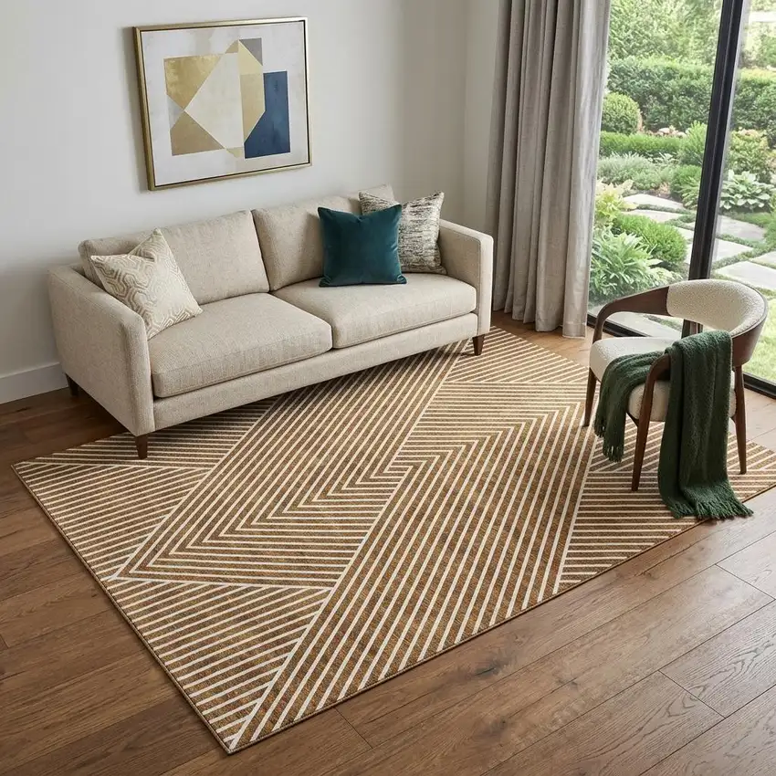 Terra Cotta And Ivory Geometric Washable Area Rug With UV Protection Photo 1