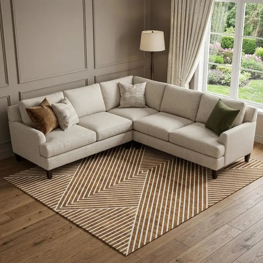Terra Cotta And Ivory Geometric Washable Area Rug With UV Protection Photo 1