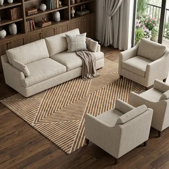 Terra Cotta And Ivory Geometric Washable Area Rug With UV Protection Photo 1