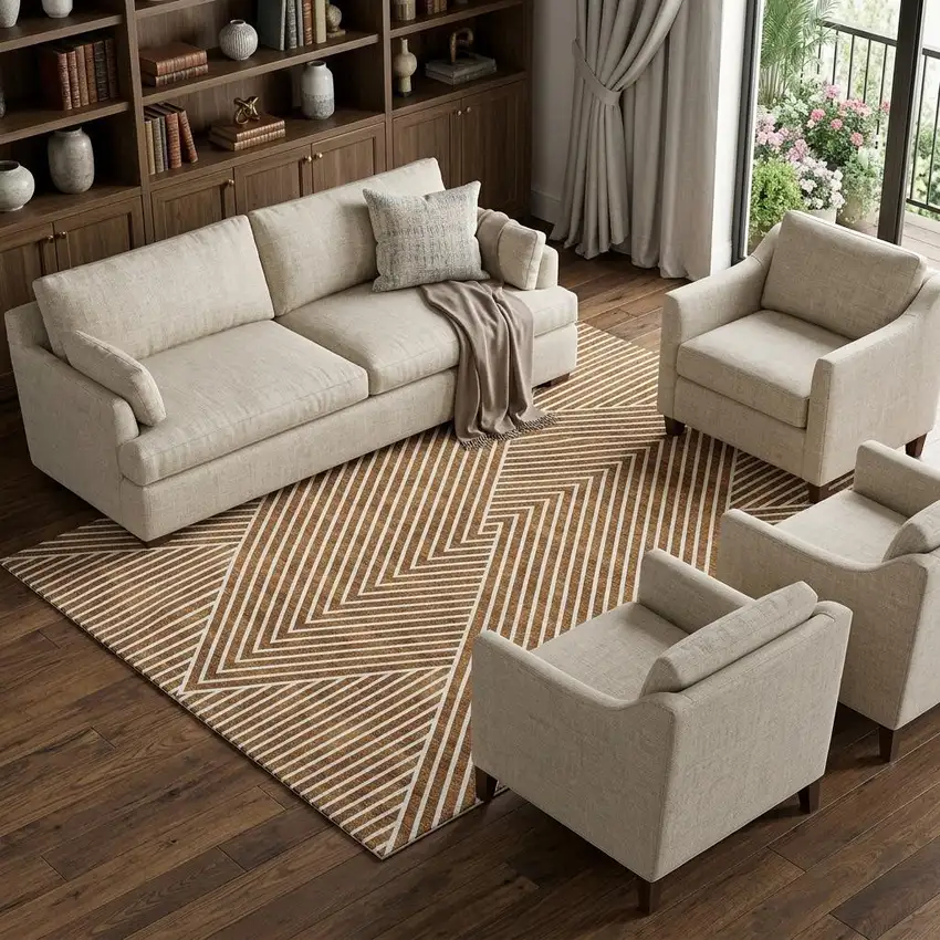 Terra Cotta And Ivory Geometric Washable Area Rug With UV Protection Photo 1