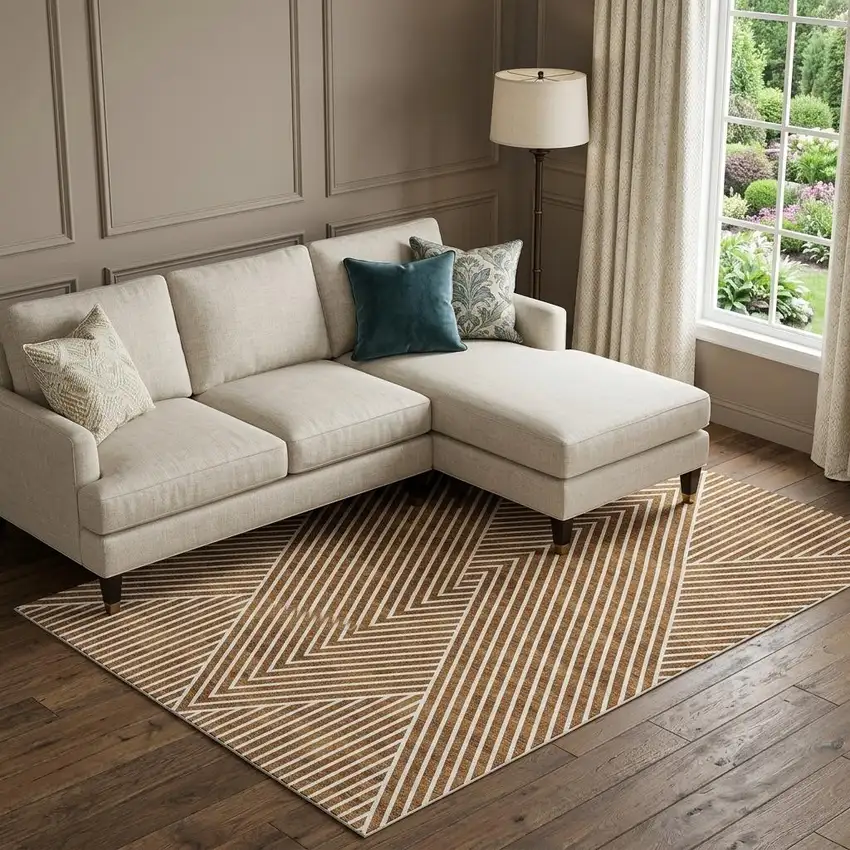 Terra Cotta And Ivory Geometric Washable Area Rug With UV Protection Photo 1