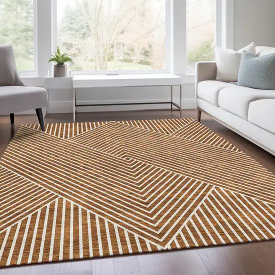 Terra Cotta And Ivory Geometric Washable Area Rug With UV Protection Photo 5