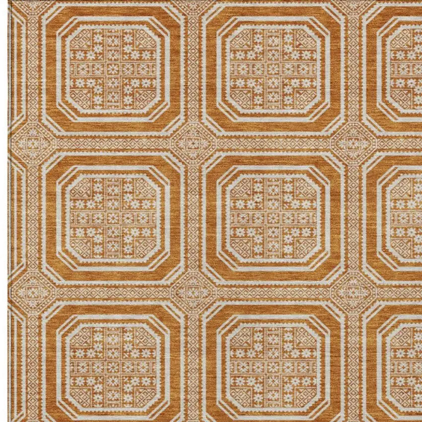 Terra Cotta And Ivory Geometric Washable Area Rug With UV Protection Photo 2
