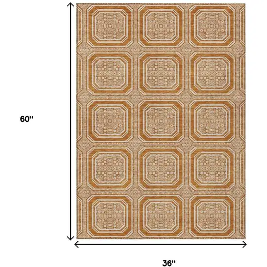 Terra Cotta And Ivory Geometric Washable Area Rug With UV Protection Photo 3