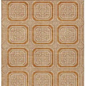 Photo of Terra Cotta And Ivory Geometric Washable Area Rug With UV Protection