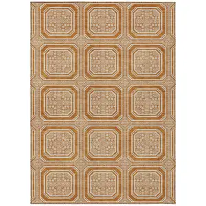 Photo of Terra Cotta And Ivory Geometric Washable Area Rug With UV Protection