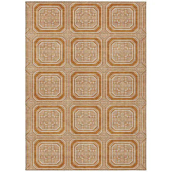 Terra Cotta And Ivory Geometric Washable Area Rug With UV Protection Photo 1
