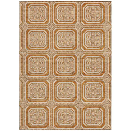 Terra Cotta And Ivory Geometric Washable Area Rug With UV Protection Photo 3