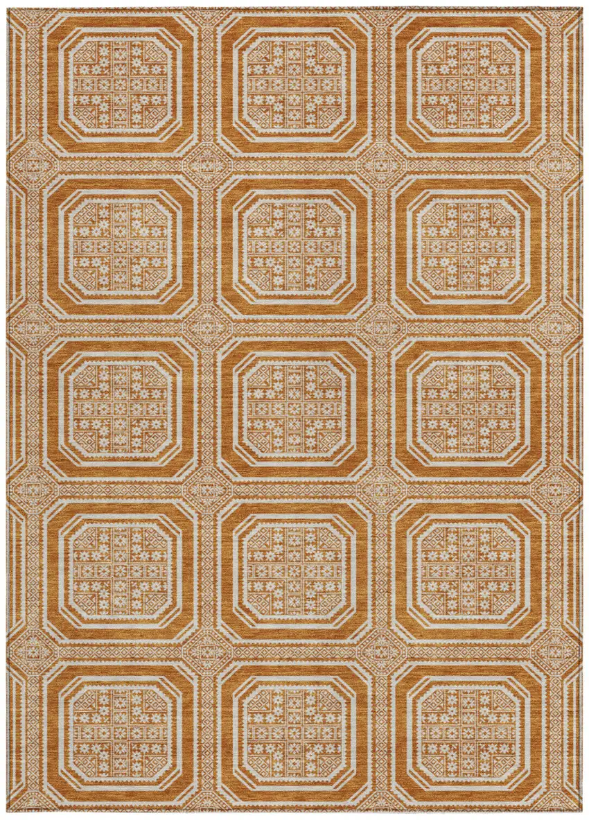 Terra Cotta And Ivory Geometric Washable Area Rug With UV Protection Photo 3