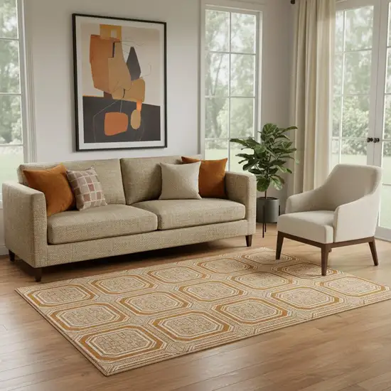 Terra Cotta And Ivory Geometric Washable Area Rug With UV Protection Photo 2