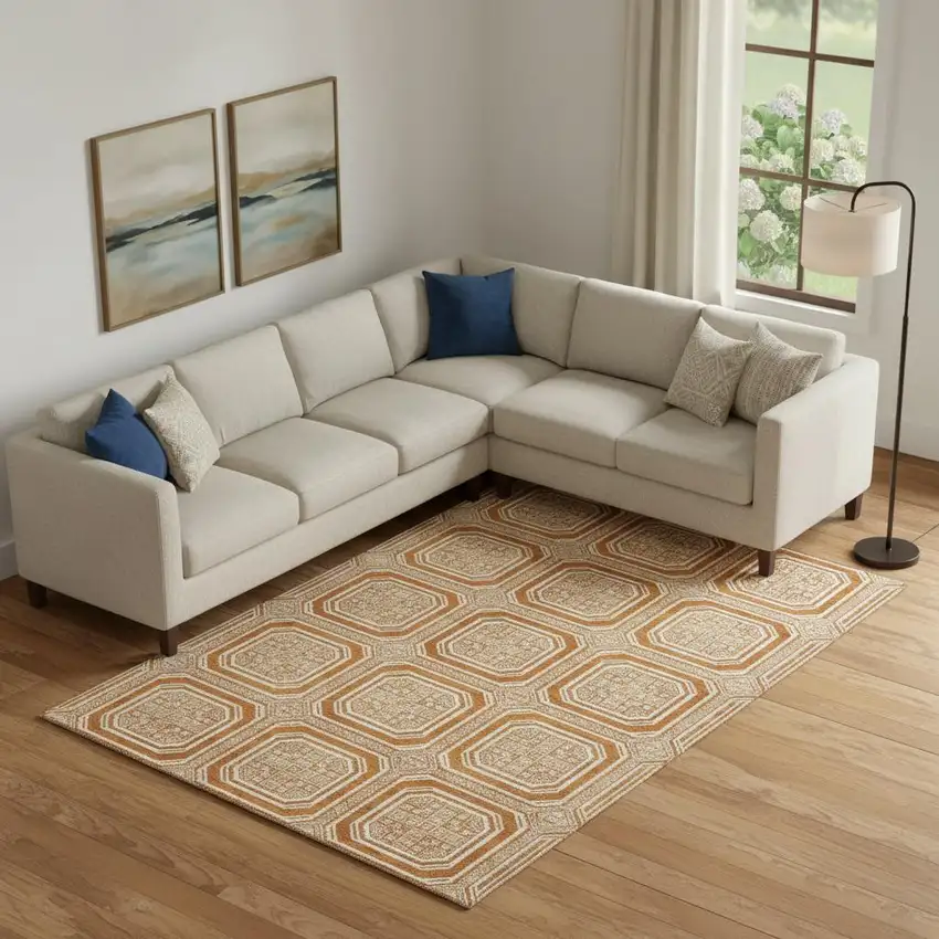 Terra Cotta And Ivory Geometric Washable Area Rug With UV Protection Photo 2