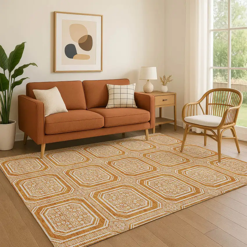 Terra Cotta And Ivory Geometric Washable Area Rug With UV Protection Photo 4