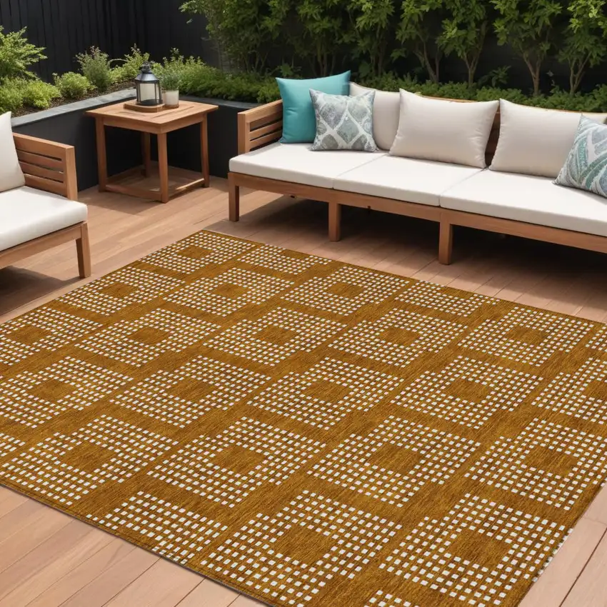 Terra Cotta And Ivory Geometric Washable Indoor Outdoor Area Rug Photo 1