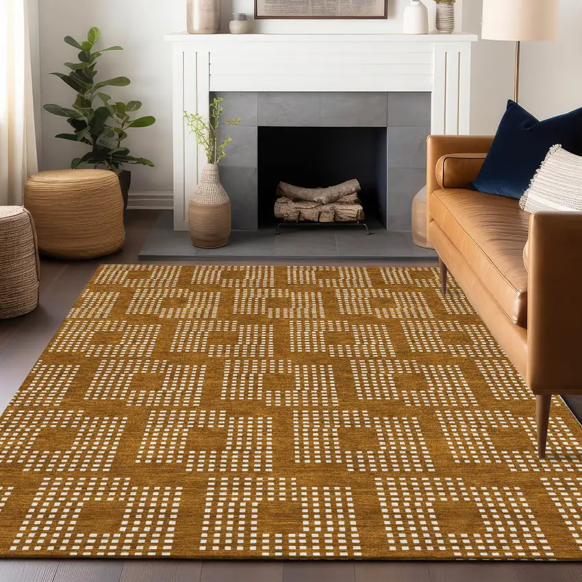 Terra Cotta And Ivory Geometric Washable Indoor Outdoor Area Rug Photo 9