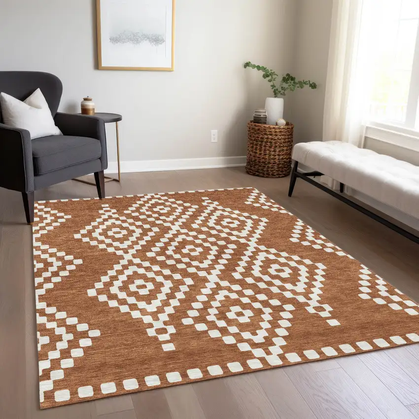 Terra Cotta And Ivory Geometric Washable Indoor Outdoor Area Rug Photo 9