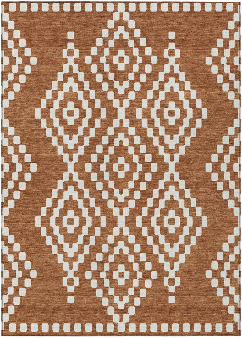 Terra Cotta And Ivory Geometric Washable Indoor Outdoor Area Rug Photo 2