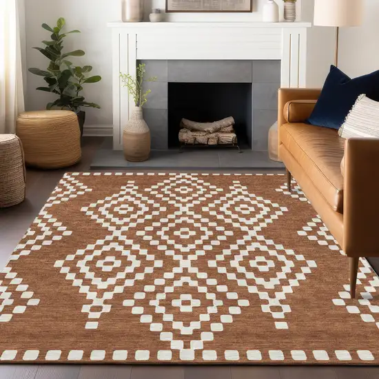 Terra Cotta And Ivory Geometric Washable Indoor Outdoor Area Rug Photo 9