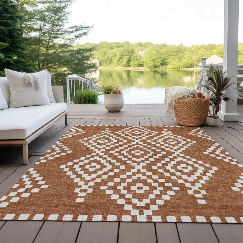 Terra Cotta And Ivory Geometric Washable Indoor Outdoor Area Rug Photo 9