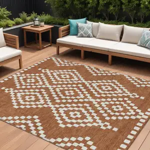 Photo of Terra Cotta And Ivory Geometric Washable Indoor Outdoor Area Rug