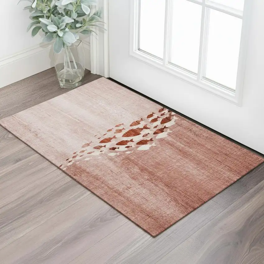 Terra Cotta And Ivory Nautical Washable Area Rug With UV Protection Photo 1