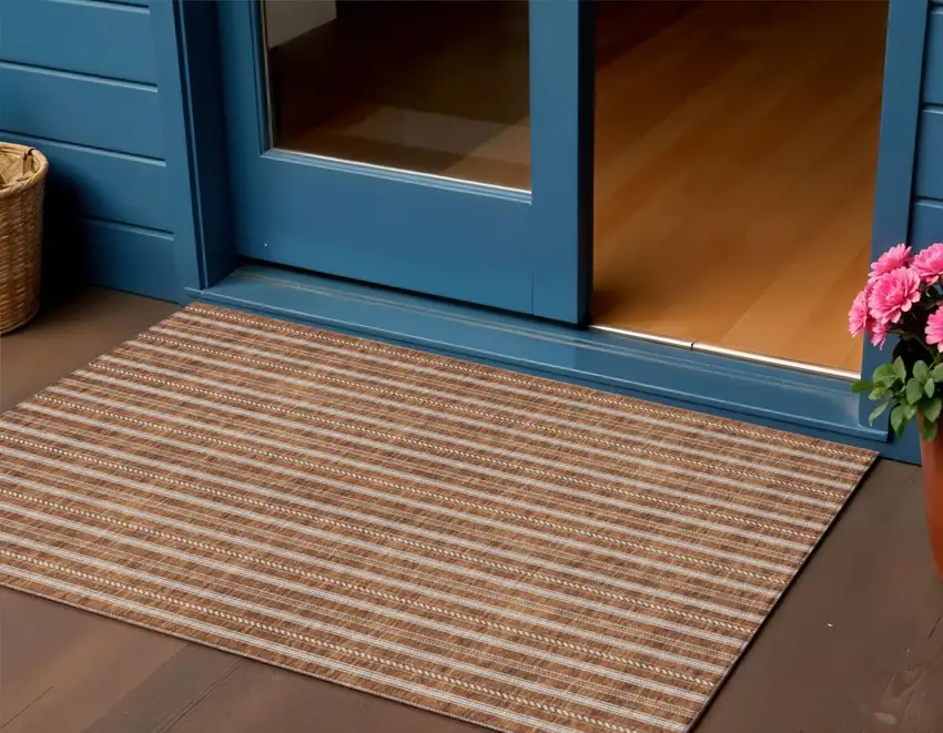 Terra Cotta And Ivory Striped Washable Indoor Outdoor Area Rug Photo 1