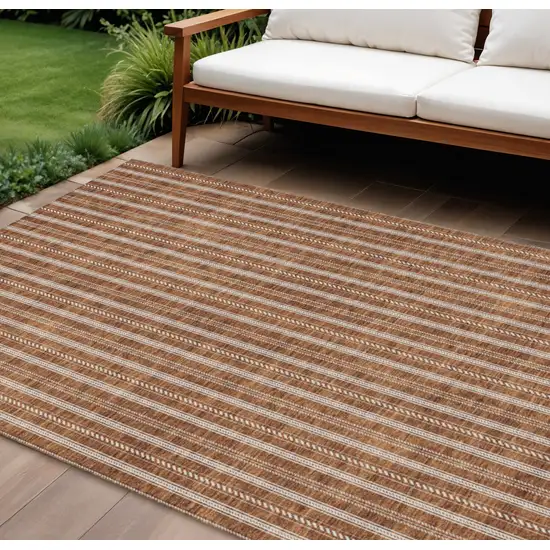Terra Cotta And Ivory Striped Washable Indoor Outdoor Area Rug Photo 1