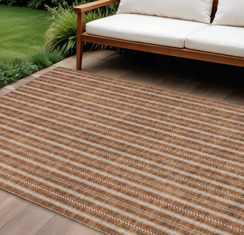 Terra Cotta And Ivory Striped Washable Indoor Outdoor Area Rug Photo 1