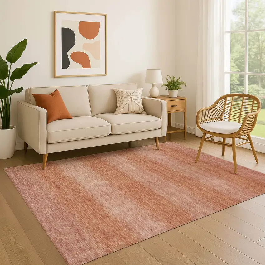 Terra Cotta And Peach Striped Washable Area Rug With UV Protection Photo 2