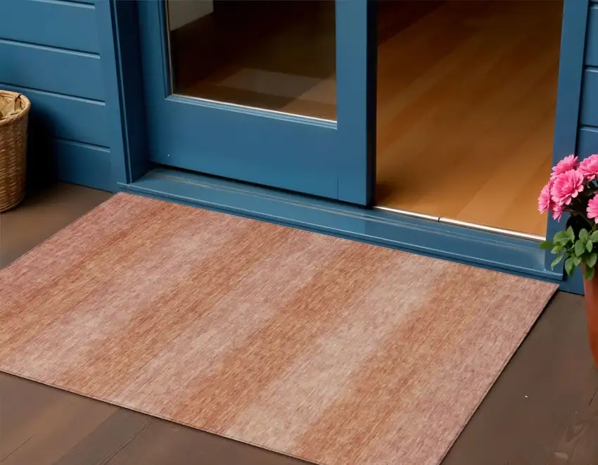 Terra Cotta And Peach Striped Washable Indoor Outdoor Area Rug Photo 2