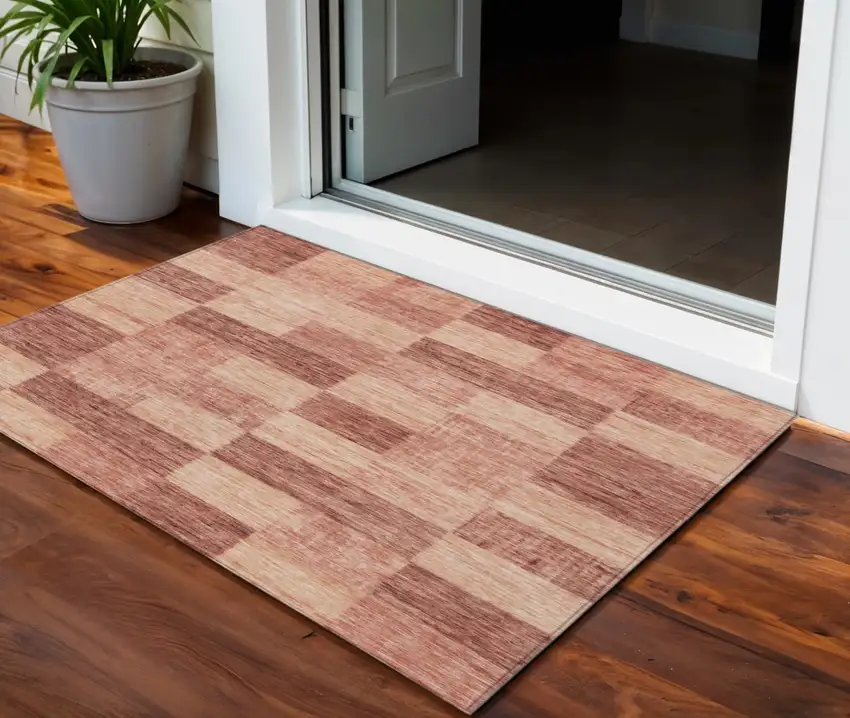 Terra Cotta And Pink Geometric Washable Indoor Outdoor Area Rug Photo 1