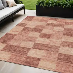 Photo of Terra Cotta And Pink Geometric Washable Indoor Outdoor Area Rug
