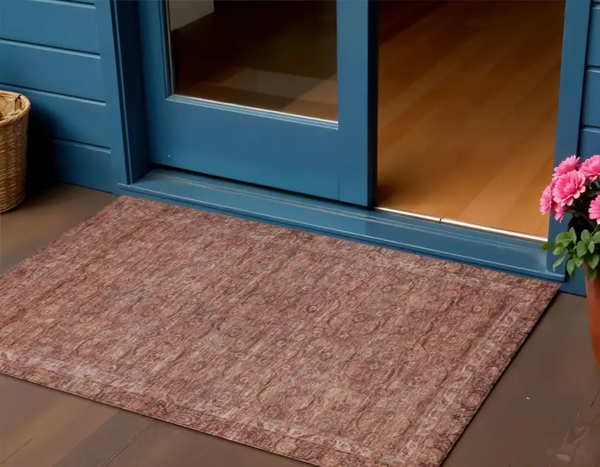 Terra Cotta And Rust Floral Washable Indoor Outdoor Area Rug Photo 2