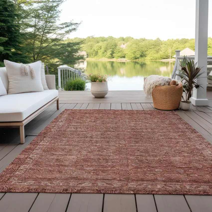 Terra Cotta And Rust Floral Washable Indoor Outdoor Area Rug Photo 5
