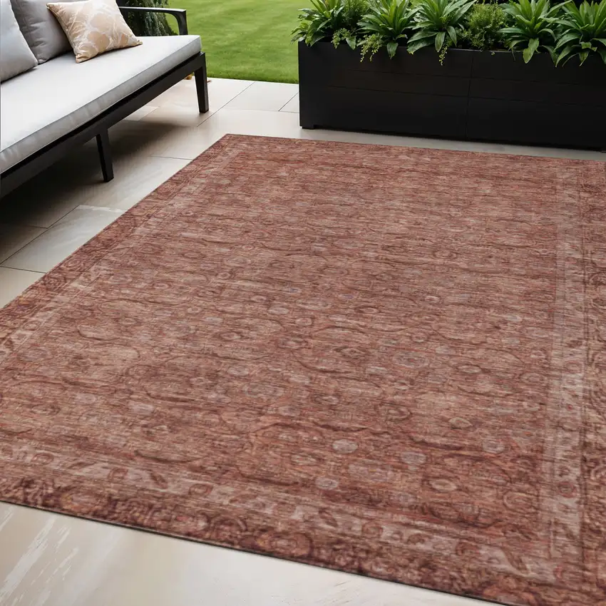 Terra Cotta And Rust Floral Washable Indoor Outdoor Area Rug Photo 2