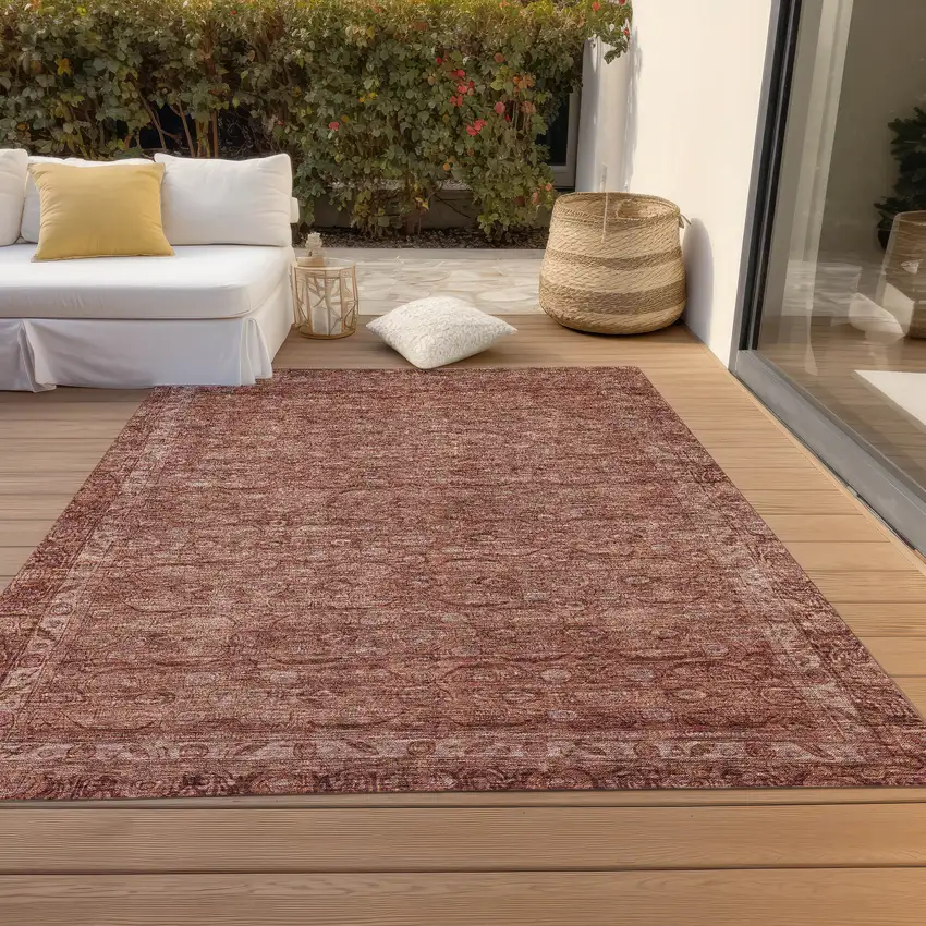 Terra Cotta And Rust Floral Washable Indoor Outdoor Area Rug Photo 8